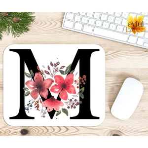 Eylül Design M Harfi Pembe Çiçekli Baskılı Özel Tasarım Dikdörtgen Kaydırmaz Mousepad