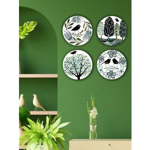 Kuş Temalı 4 Parça Yuvarlak Mdf Tablo Seti Ahşap Duvar Dekoru (20X20 Cm)