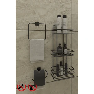 Alper Banyo Yapışkanlı Siyah 3 Katlı Düz Banyo Rafı TŞ03, Jasmin Kare Havlu, Kare Kapaklı Tuvalet Kağıtlığı, Banyo Seti