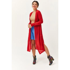 Kadın Ince Triko Yazlık Uzun Kırmızı Hırka & Pareo