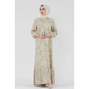 Kaplama Kemerli Viscon Tesettür Elbise-Bej