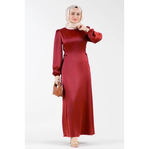 Yanı Bağcıklı Saten Abiye-Kırmızı