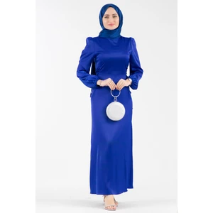 Yanı Bağcıklı Saten Abiye-Saks Mavi