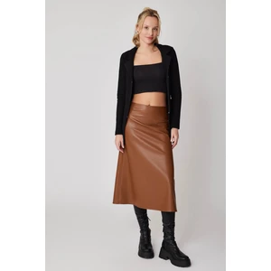 Yanı Fermuarlı Midi Boy Deri Etek