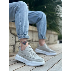 BA0332 Merdiven Desen Bağcıklı Erkek Yüksek Taban Gri Süet Beyaz Taban Spor Ayakkabı