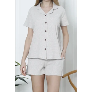 Kadın Şortlu Pijama Takımı Kısa Kollu Kaşkorse Salaş Cepli Açık Vizon