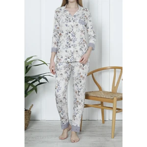 Kadın Pijama Takımı Cepli Düğmeli Likralı Dantelli Taş