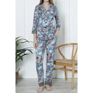Kadın Pijama Takımı Cepli Düğmeli Likralı Dantelli Mavi