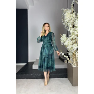 Ges Moda G0912 Kuşaklı Tül Elbise Desenli