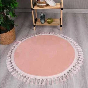 My Evilla Modern Dekoratif Yuvarlak Puffy Peluş Ponpon Saçaklı Salon Oturma Odası Halısı Pembe