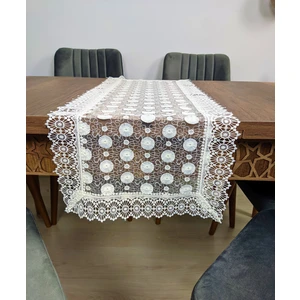 Tuncay Tekstil Papatya Desen Güpürlü Polyester Runner Ranır Sehpa Masa Örtüsü Fransız Güpür Örtü Beyaz