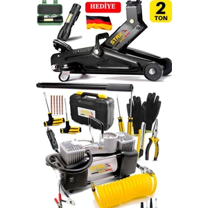 Staxx Power Alman 2ton Timsah Tekerlekli Kriko + 150PSI Çift Piston Çakmaklı Hava Lastik Kompresör Seti