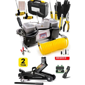 Staxx Power Alman 2 Ton Timsah Kriko ve 150 Psı Çift Piston Çakmaklı Kompresör Lastik Tamir Kiti Hediyeli