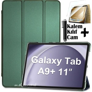 M.TK Moveteck Samsung Galaxy Tab A9 Plus 11 Inç SM-X210 Tablet Kılıfı Akıllı Smart Uyku Modlu Katlanabilir Arkası Şeffaf Standlı Kılıf + Ekran Koruyucu Cam + Kalem 3'lü Set SM-X213 X215 X217