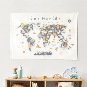 Hayvanlar Alemi Dünya Haritası Duvar Örtüsü / Halısı / Tapestry, Organik Pamuk Kumaş - Mavi Tonları