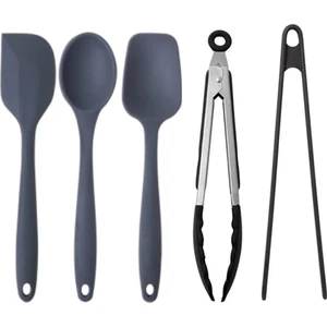 Kitchen Design Lab Antrasit Yanmaz Silikon Düz Yassı Spatula Kaşık 3 Adet Siyah Metal ve Silikon Uçlu Maşa 2 Adet