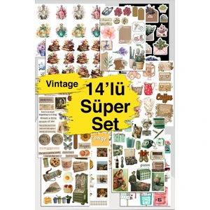 Vintage Sticker Set – 14'lü Karışık Renk, Özgün Çizimli ve Suya Dayanıklı Dekoratif Etiketler