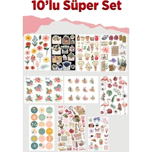 10 Sayfa Çiçek ve Vintage Sticker Set-Planner Ajanda Bullet Journal Için Uygun Set