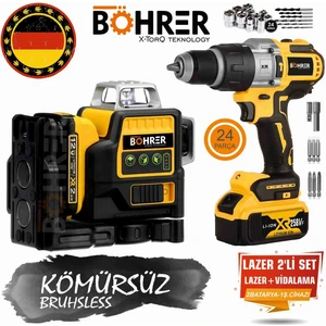 Alman 2'li Set Lazer Hizalama Akülü Vidalama ,4 Köşe 12 Satır ,darbeli Kömürsüz V258 Canavar