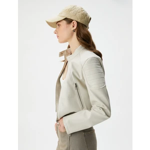 Suni Deri Biker Ceket Fermuarlı Cepli