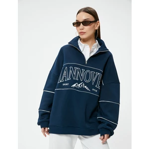Yarım Fermuarlı Sweatshirt Rahat Kalıp Baskılı Dik Yaka