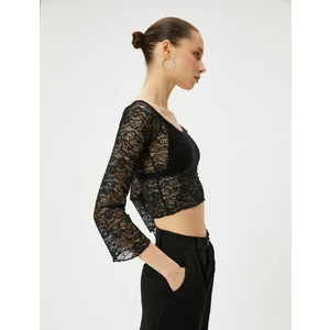 Kısa Dantel Tişört Derin Yuvarlak Yaka Uzun Kollu