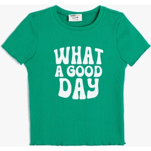 Crop Tişört Kısa Kollu Baskılı Bisiklet Yaka Dokulu