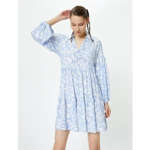 Oversize Çiçekli Elbise Uzun Kollu Gömlek V Yaka Bağlama Detaylı Katlı