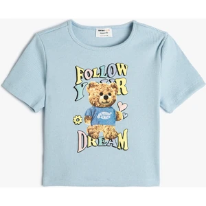 Crop Tişört Kısa Kollu Bisiklet Yaka Ayıcık Baskılı Fitilli