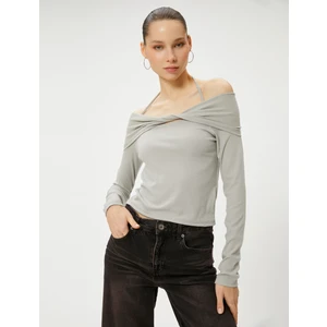 Omzu Açık Tişört Uzun Kollu Fiyonk Detaylı Askı Detaylı Viskoz Kumaş