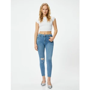 Dar Kesim Yüksek Bel Kot Pantolon Yıpratmalı Esnek Cepli Pamuklu - Carmen Skinny Jeans