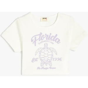 Crop Tişört Baskılı Kısa Kollu Bisiklet Yaka Ribanalı