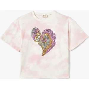 Oversize Tişört Pullu Payetli Kalpli Batik Görünümlü Bisiklet Yaka