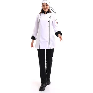 Bilenn Tekstil Kadın Aşçı Ceket 01 - Beyaz Siyah Biye