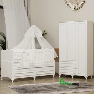 Garaj Home Öykü 3 Kapaklı Dolap ve 5 Çekmeceli 60X120 Country Beşik Kombini