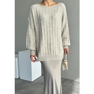 Açık Bej Kayık Yaka Fitilli Oversize Kazak
