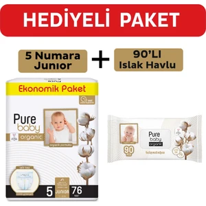 Pure Baby Organik Pamuklu Cırtlı Bez 5 Numara Junior 76 Adet + Organik Pamuklu Islak Havlu 90 Yaprak