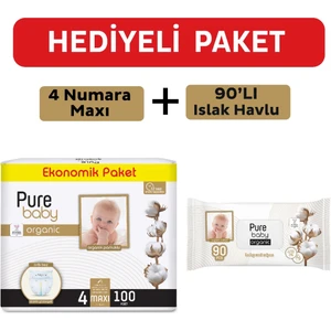 Pure Baby Organik Pamuklu Cırtlı Bez 4 Numara Maxi 100 Adet + Organik Pamuklu Islak Havlu 90 Yaprak