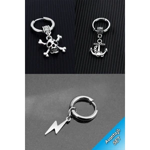 Trend Collection Gümüş Şimşek, Çapa, Kurukafa Model Sallantılı Çelik Unisex Küpe Set (3 Adet)