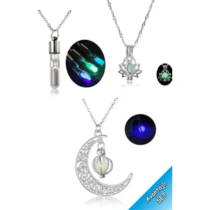 Trend Collection Karanlıkta Parlayan Lotus Çiçeği, Kum Saati, Desenli Ay Kolye Seti (3 Adet)