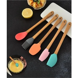 Ahlat Store 5'li Renkli Bambu Saplı Silikon Uçlu Spatula Fırçalı Kaşık Seti