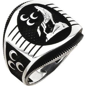 Erkek Yüzük Gümüş 925 Kurt Figürlü Üç Hilal