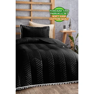 Evlen Home Collection Ponponlu %100 Pamuk Tek Kişilik Yatak Örtüsü ( Pike ) Takımı Siyah
