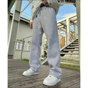 Gri Baggy Bol Kesim 3 Iplik Pamuklu Geniş Paça Eşofman Alt