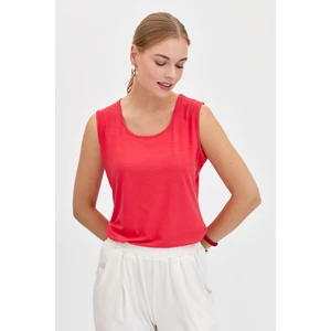 Desen Triko Kadın Sıfır Yaka Flamlı Kumaş Basic Askılı T-Shirt Mercan