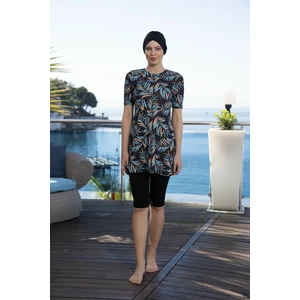 Kadın Boneli Yarım Kol Yaprak Desenli Taytlı Mayo Siyah