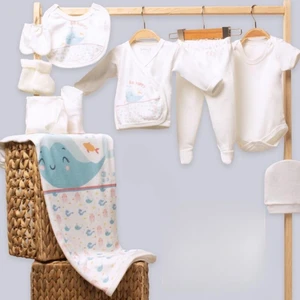 Yenidoğan Erkek Bebek Zıbını, Yunus Desenli, 10'lu Hastane Çıkış Zıbın Seti, %100 Pamuk Penye  (0-3 Ay) (1001)