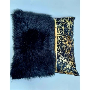 Baladi Home Yastık Kılıfı Peluş ve Kadife Kumaş Altın Deri Aksesuarlı Kadife Görünümlü Kare Kırlent Kılıfı