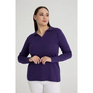Büyük Beden Pamuklu Likralı V Yaka Basic Düz Koyu Mor Bluz