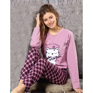 Sıfır Yaka Uzun Kol Likralı Desenli Kadın Pijama Takımı Lukitus